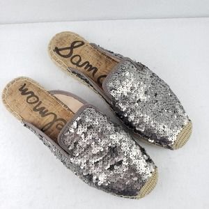 Sam Edelman Womens Kerry Silver Sequin Espadrille Slides Size 9M / EU 39 Slip On